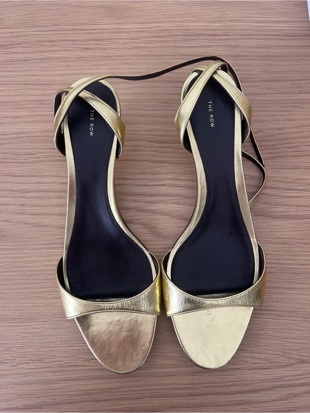 The Row Vika Gold Leather Ankle-Strap kitten heeled Sandals